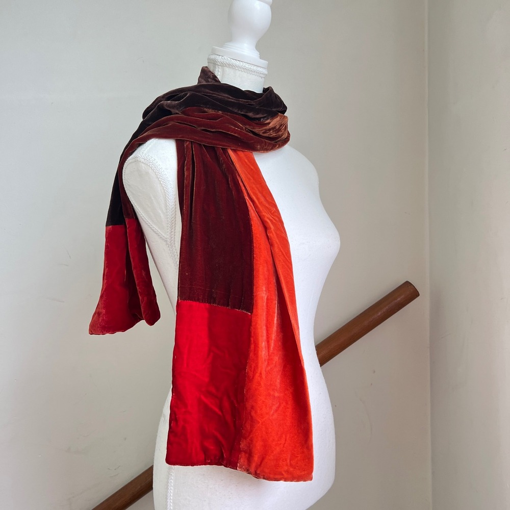 Velvet Neck Scarf Color Block Shawl Wrap Red Brown Orange Boho Demure Fall Vamp‎